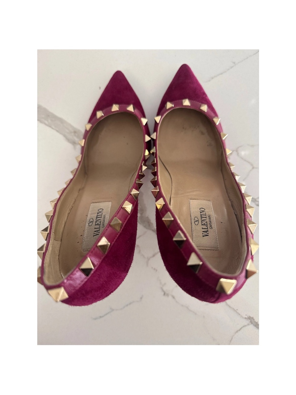 Valentino Garavani Rockstud Pointed Pumps in Magenta Suede with Gold Studs - Picture 5 of 7